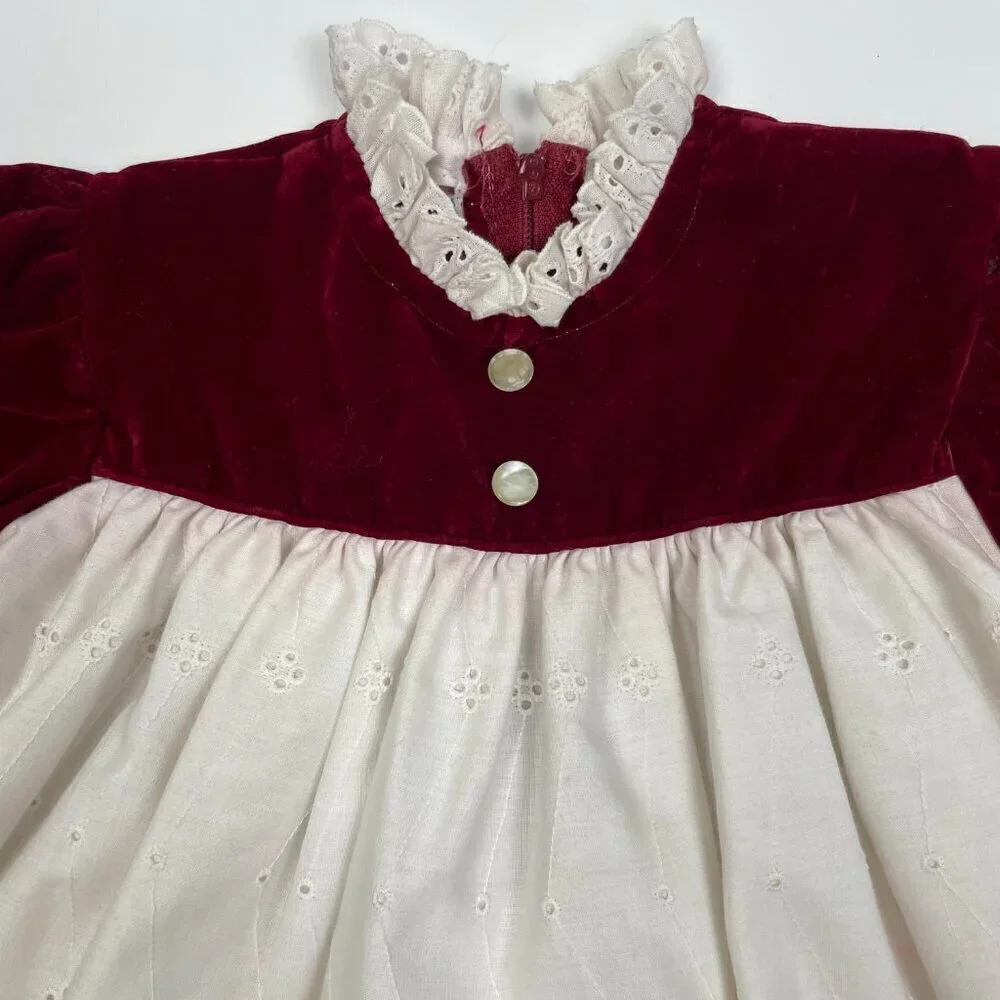 Vintage R-Gee Baby Maroon Velvet and White Eyelet Lace Christmas Dress Size 12M